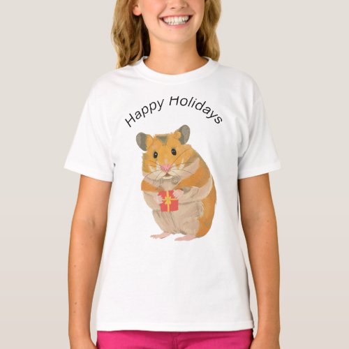Cute little Christmas Hamster holding a present T_Shirt