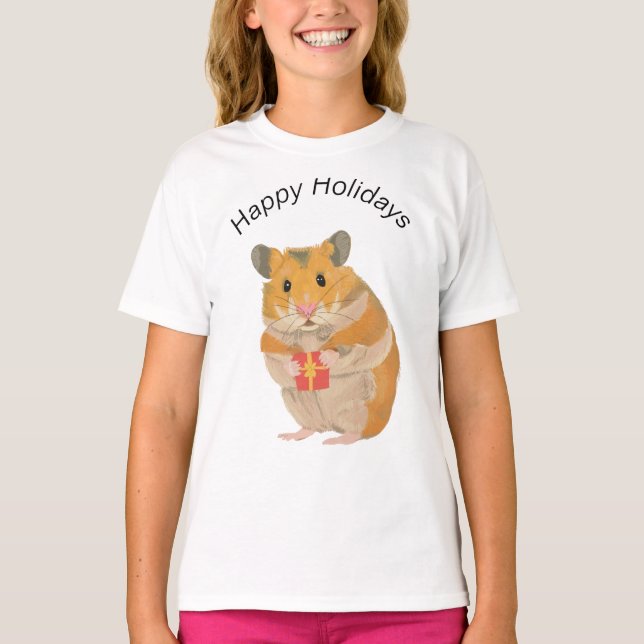 Cute little Christmas Hamster holding a present T-Shirt (Front)