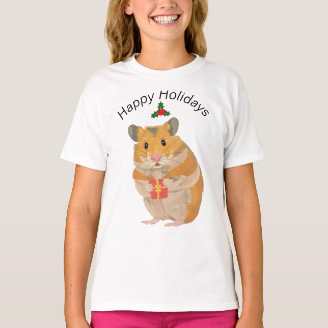 Cute little Christmas Hamster holding a present T-Shirt (Front)