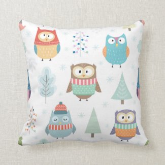 Cute Little Christmas Owls Throw Pillow