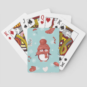 Cute little Christmas penguin in a bright red scar Poker Cards