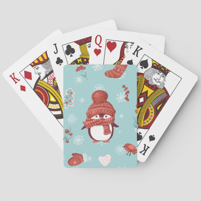 Cute little Christmas penguin in a bright red scar Poker Cards (Back)