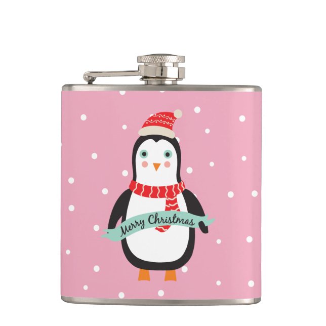 Cute little Christmas Penquin "Merry Christmas" Flask (Front)