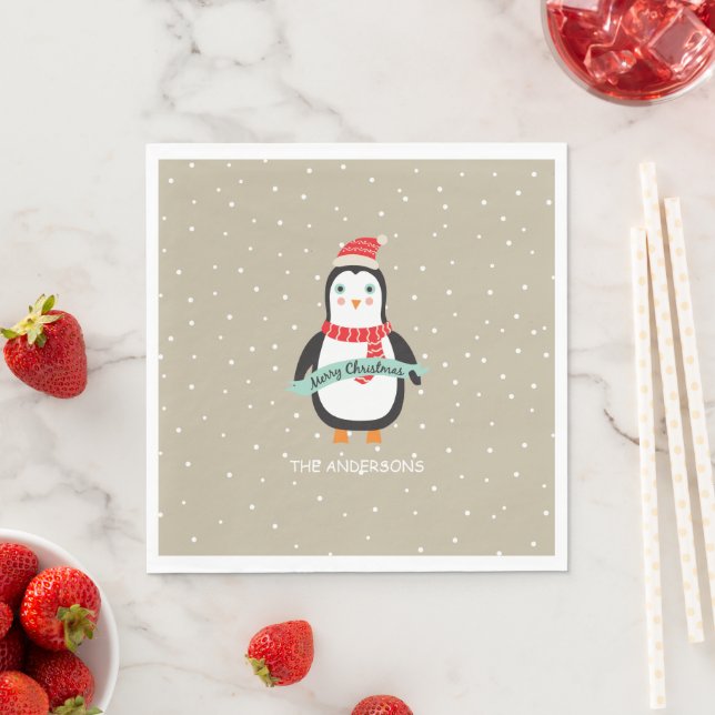 Cute little Christmas Penquin "Merry Christmas" Napkins (Insitu)