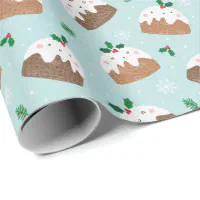 Cute little christmas puddings on light blue wrapping paper