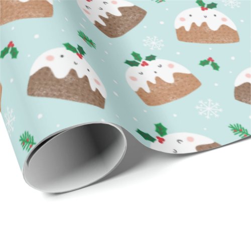 Cute little christmas puddings on light blue wrapping paper