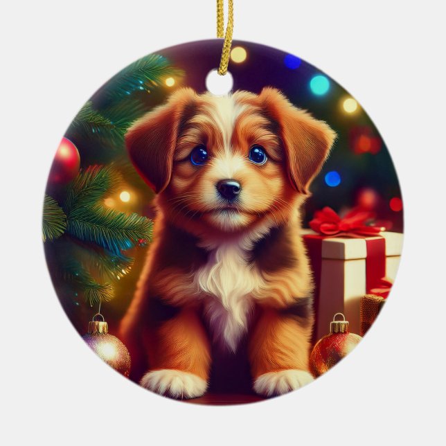 Cute Little Christmas Puppy Ceramic Ornament (Front)