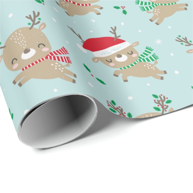 Cute Little Christmas Reindeer on blue Wrapping Paper (Roll Corner)