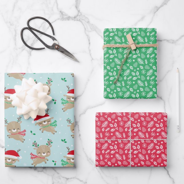 Cute Little Christmas Reindeer on blue Wrapping Paper Sheets (Front)
