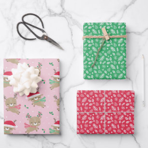 Cute Little Christmas Reindeer on pink Wrapping Paper Sheets