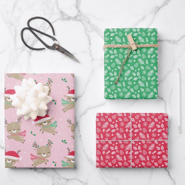 Cute Little Christmas Reindeer on pink Wrapping Paper Sheets (Front)