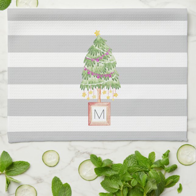 Cute little Christmas Tree with monogram kitchen Kitchen Towel (Folded)