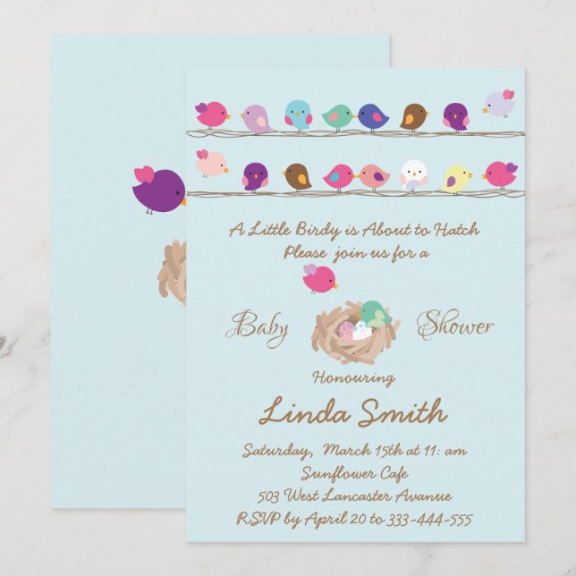 cute little colorful birds baby shower invitation (Front/Back)