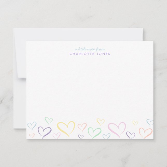 Cute Little Colorful Heart with Kids Name Note Card (Front)