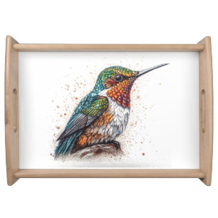 Cute little colorful hummingbird in watercolor serving tray