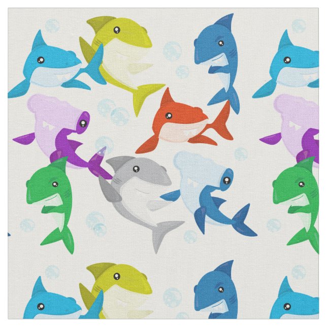 Cute Little Colorful Sharks Fabric (Close Up)