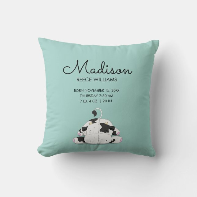 Cute Little Cow Baby Birth Stats Throw Pillow (Front)