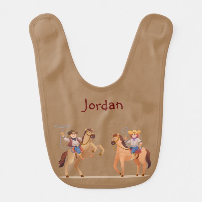 Cute Little Cowboy Cowgirls Horses Custom Name  Baby Bib (Front)