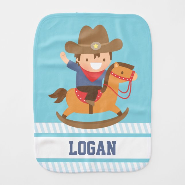 Cute Little Cowboy on Rocking Horse Baby Boys Burp Cloth (Front)