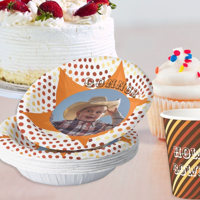 Cute little cowboy western polka dot birthday paper bowls (Celebrate your little cowboy with his photo on a paper bowl)