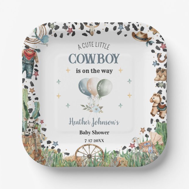 Cute Little Cowboy Western Watercolor Baby Shower Paper Plates (Front)