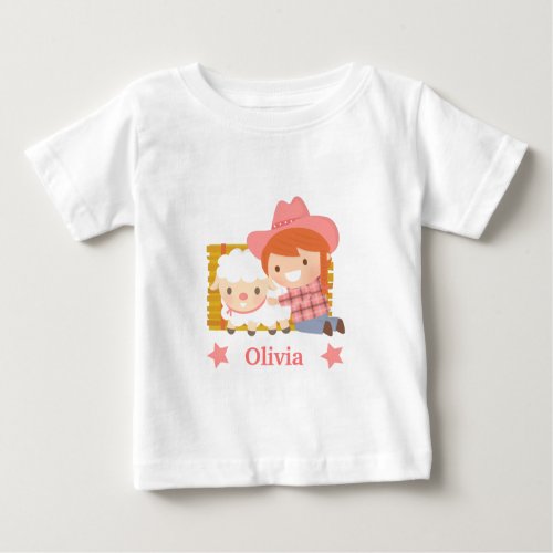 Cute Little Cowgirl with Lamb For Baby Girls Baby T_Shirt