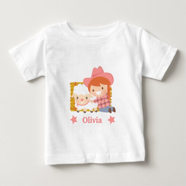 Cute Little Cowgirl with Lamb For Baby Girls Baby T-Shirt (Front)