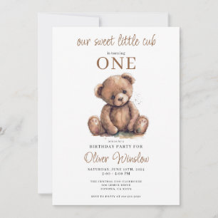 Cute Little Cub Watercolor Teddy Bear 1st Birthday Invitation