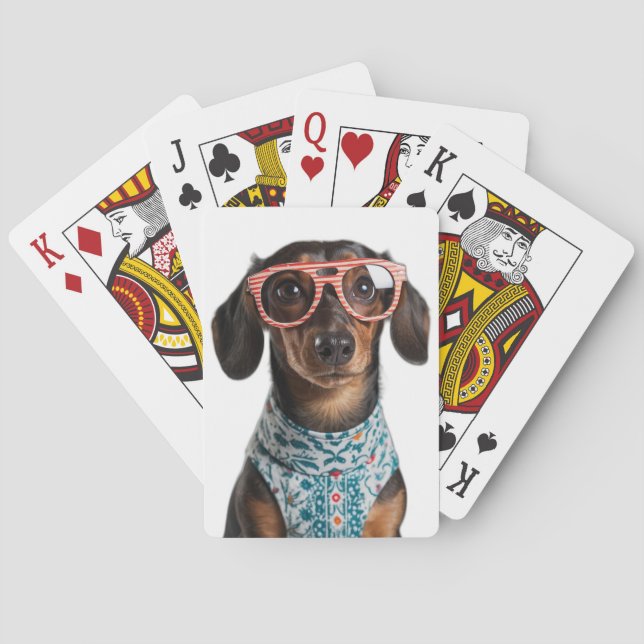 Cute Little Dachshund With Red Glasses Poker Cards (Back)