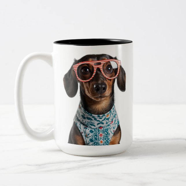 Cute Little Dachshund With Red Glasses Two-Tone Coffee Mug (Left)