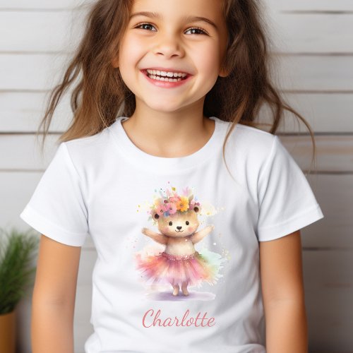 Cute Little Dancer Bear Watercolor Girl T_Shirt