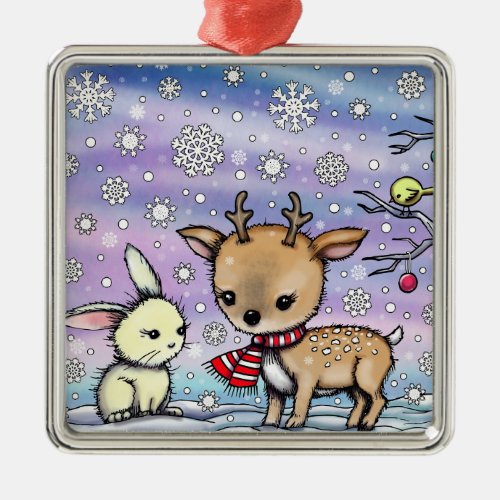 Cute Little Deer and Bunny Holiday Art Metal Ornament