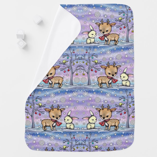 Cute Little Deer and Bunny Illustrated Art Baby Blanket (In Situ)