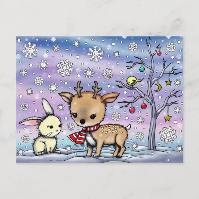 Cute Little Deer and Bunny Illustrated Art Postcard (Front)