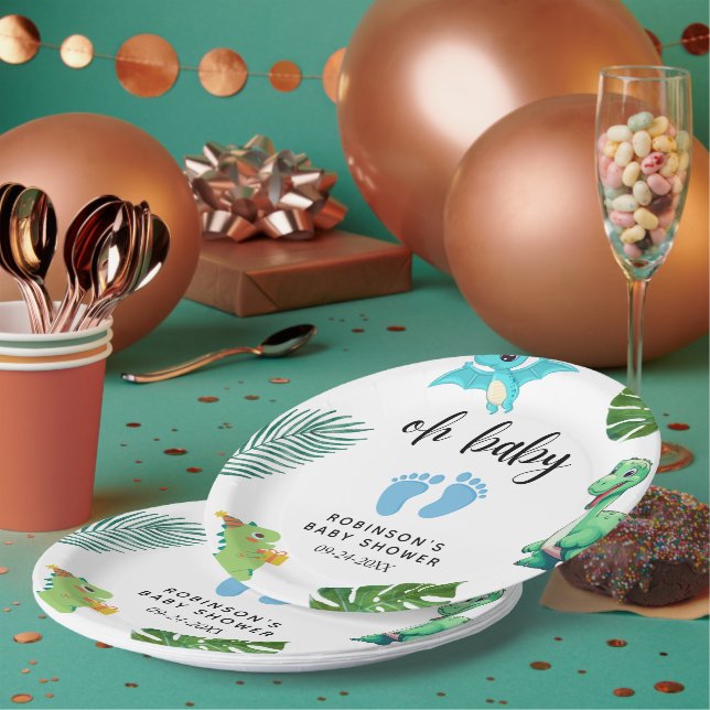 Cute Little Dino Baby Shower Paper Plates (Multi)