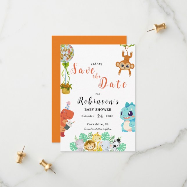 Cute Little Dino Baby Shower Save The Date (Front/Back In Situ)