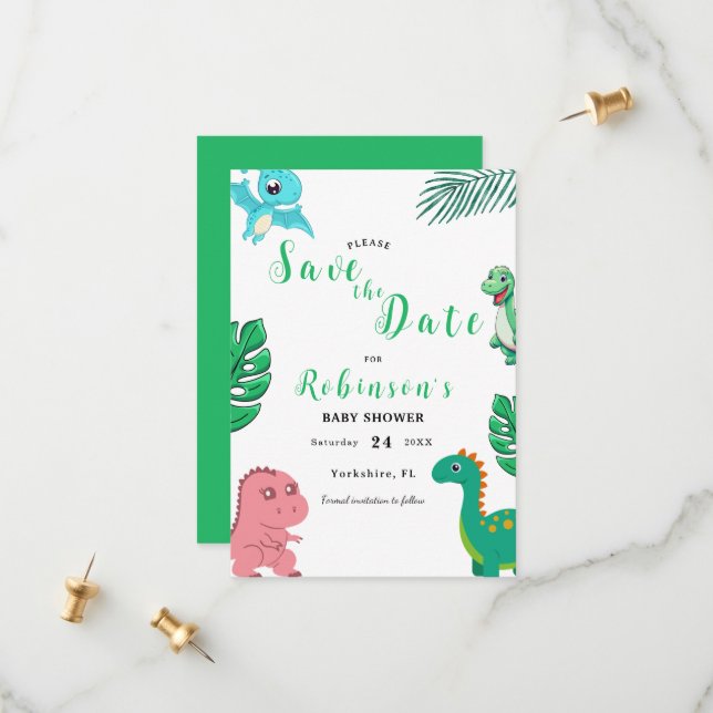 Cute Little Dino Baby Shower Save The Date (Front/Back In Situ)