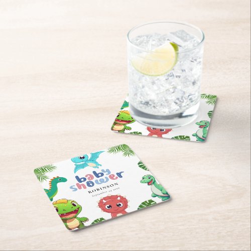 Cute Little Dino Baby Shower Square Paper Coaster