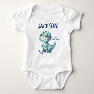 Cute Little Dino in Green and Teal Watercolor Baby Bodysuit