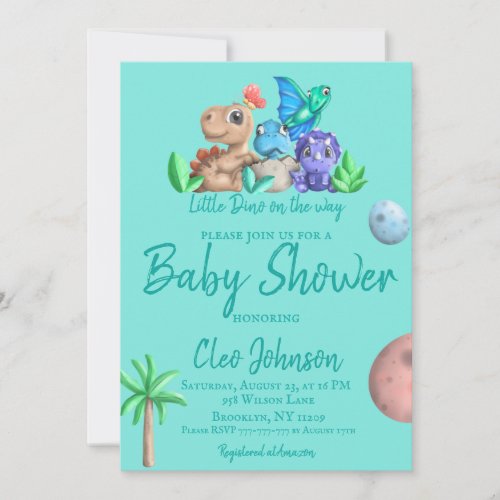 Cute Little Dino on his Way Baby Shower Invitation