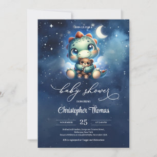Cute little dinosaur at starry night sky invitation