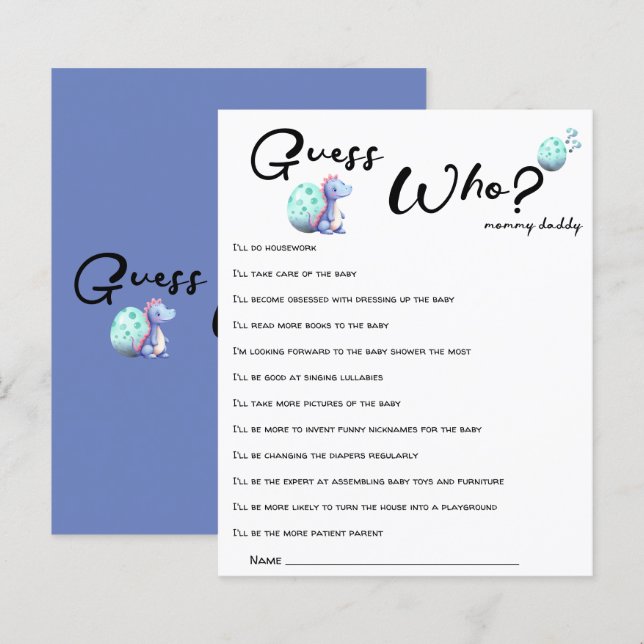 Cute Little Dinosaur Baby Shower Guess Who Game (Front/Back)