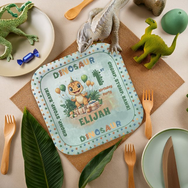 Cute Little Dinosaur Boy 1st Birthday Party Paper Plates (Cute Little Dinosaur Boy 1st Birthday Party Square Paper Plates)