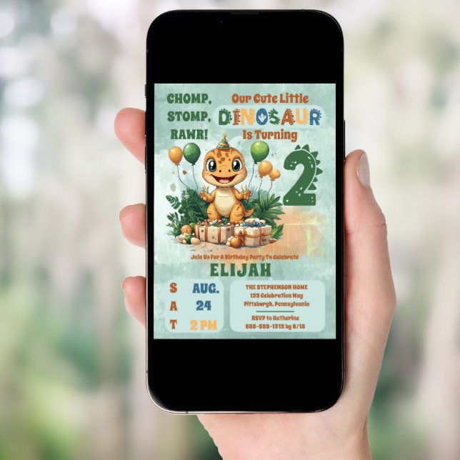 Cute Little Dinosaur Boy 2nd Birthday Party Invitation (Front Digital)