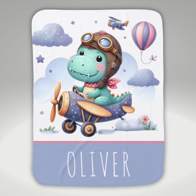 Cute Little Dinosaur Flying Purple Airplane  Baby Blanket (Creator Uploaded)