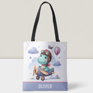 Cute Little Dinosaur Flying Purple Airplane Tote Bag