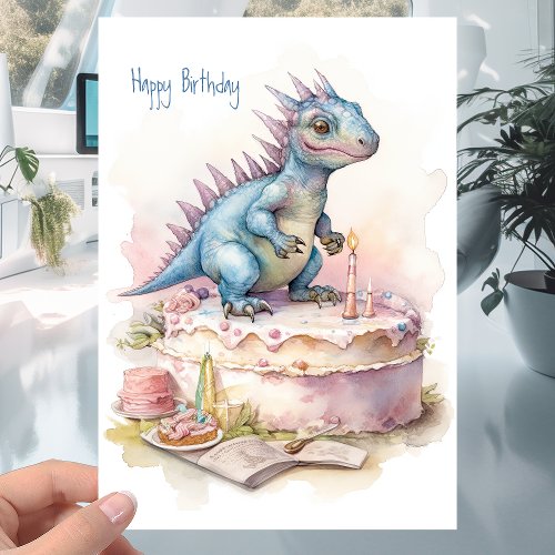 Cute Little Dinosaur with Cake _ Kids Birthday Card