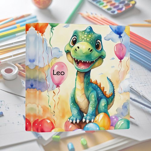 Cute little dinosaur with lots of colorful balloon 3 ring binder