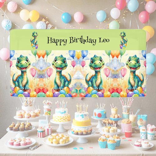 Cute little dinosaur with lots of colorful balloon banner