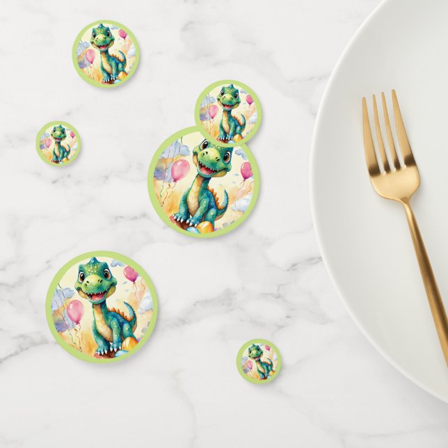 Cute little dinosaur with lots of colorful balloon confetti (Group)
